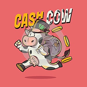 Cow character running with money vector illustration.