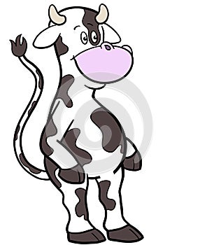 A cow character standing upright with a smile on its face