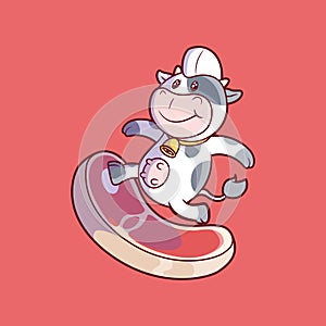 Cow character surfing on a beef vector illustration.