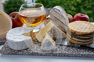 Cow cheeses of Normandy - camembert, livarot, neufchatel, pont l`eveque and glass of apple cider drink with houses of Etretat