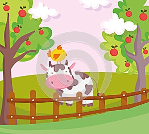 Cow with chicken in head fence and fruits trees farm animal cartoon