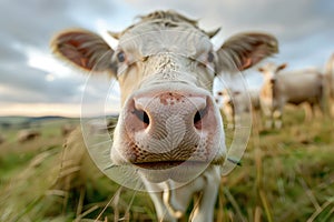 Cow Close up Portrait, Fun Animal Looking into Camera, Cow Nose, Wide Angle Lens