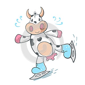 Cow, cute - ice scate illustration.