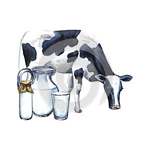 Cow and dairy products in a glass bowl. Watercolor hand drawn illustration. On a white background. For advertising