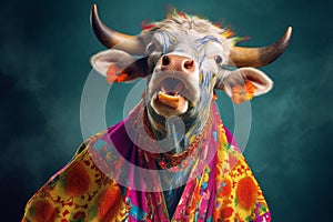 a cow dressed in colorful clothing with her mouth open, created with Generative AI technology