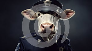 Photorealistic Cow Portrait Police Officer In Vignette Style