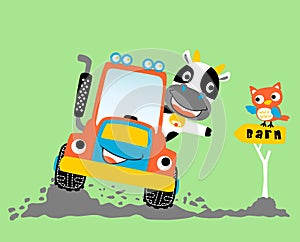 Cow driving tractor in farmyard with funny owl, vector cartoon illustration