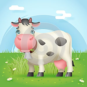 Cow eat grass standing farm mammal cute animal green field nature background cartoon art design white vector