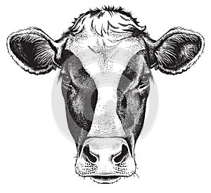 Black and white sketch of a cow`s face.