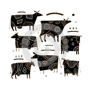 Cow family on meadow, art for your design
