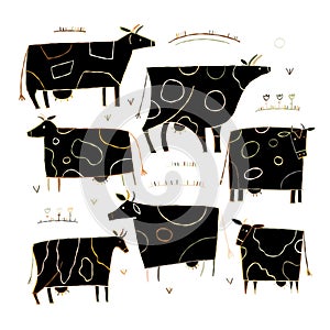 Cow family on meadow, art for your design