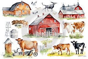Cow, farm barn, countryside landscape watercolor illustration set, hand drawn farm animals, red barn with a tree, windmill, green