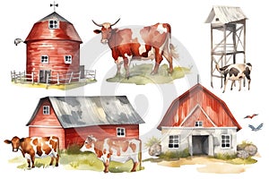 Cow, farm barn, countryside landscape watercolor illustration set, hand drawn farm animals, red barn with a tree, windmill, green