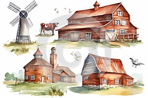 Cow, farm barn, countryside landscape watercolor illustration set, hand drawn farm animals, red barn with a tree, windmill, green