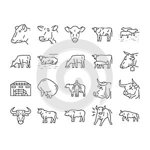 cow farm dairy cattle milk white icons set vector