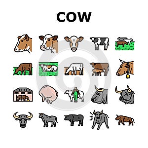 cow farm dairy cattle milk white icons set vector