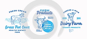 Cow Farm Dairy Logo Templates Set. Abstract Vector Cream and Milk Signs or Symbols. Hand Drawn Domestic Animals