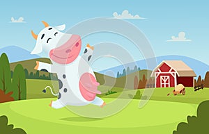 Cow at farm. Field ranch milk animals eating and playing on the grass alpes landscape vector cartoon character