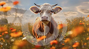 A cow on a field with some flowers. Generative AI