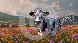 A cow on a field with some flowers. Generative AI