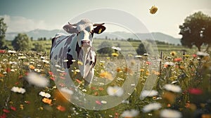 A cow on a field with some flowers. Generative AI