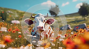 A cow on a field with some flowers. Generative AI