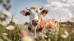 A cow on a field with some flowers. Generative AI