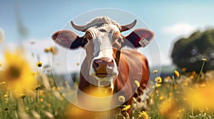 A cow on a field with some flowers. Generative AI