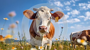 A cow on a field with some flowers. Generative AI