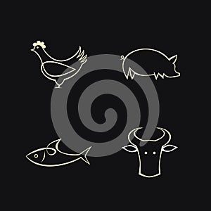 Cow, fish, chicken and pig - vector