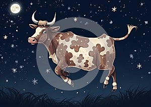 cow flies against the background of moon and stars in night sky. concept of children& x27;s dreams. Generative AI