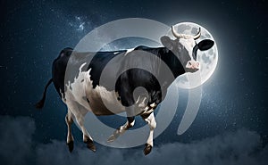 cow flies against the background of moon and stars in night sky. concept of children's dreams. Generative AI