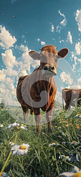 Cow in a flowering meadow. Cows in a pasture