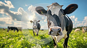 Cow in a flowering meadow. Cows in a pasture