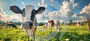 Cow in a flowering meadow. Cows in a pasture