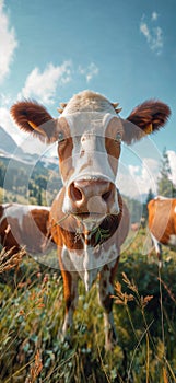 Cow in a flowering meadow. Cows in a pasture