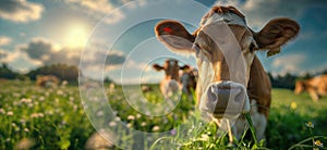 Cow in a flowering meadow. Cows in a pasture