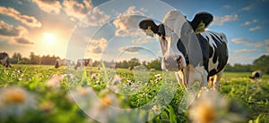 Cow in a flowering meadow. Cows in a pasture