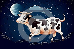 cow flying against the background of night sky with moon and stars. Concert of children's dreamy dreams. Generative
