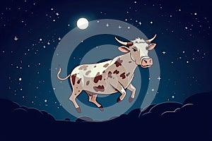 cow flying against the background of night sky with moon and stars. Concert of children's dreamy dreams. Generative