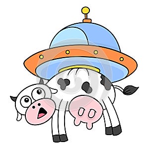 Cow flying into space carried by alien ufo, doodle icon image kawaii