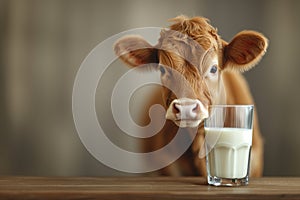 Cow with a glass of milk, animal welfare in industry, dairy product, agriculture and production