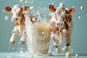 Cow with a glass of milk, animal welfare in industry, dairy product, agriculture and production