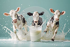 Cow with a glass of milk, animal welfare in industry, dairy product, agriculture and production