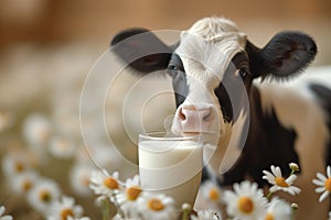 Cow with a glass of milk on a meadow, animal welfare in industry, dairy product, agriculture and production