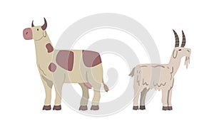 Cow and Goat as Hoofed Mammal with Horns and Farm Animal Vector Set
