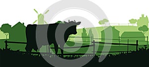 Cow graze in the pasture. Picture silhouette. Farm pets. Domestic farm animals for milk and dairy products. Isolated on