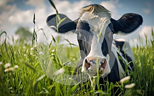 A cow grazes in the meadow