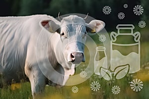 Cow grazes in a meadow, milk can and glass milk bottle, flowers, illustration. Generative AI