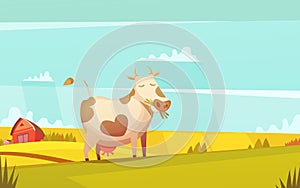 Cow Grazing On Farmland Cartoon Poster